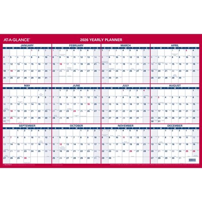 2026 AT-A-GLANCE 36 x 24 Yearly Dry Erase Wall Calendar, Reversible, White/Red (PM26-28-26)