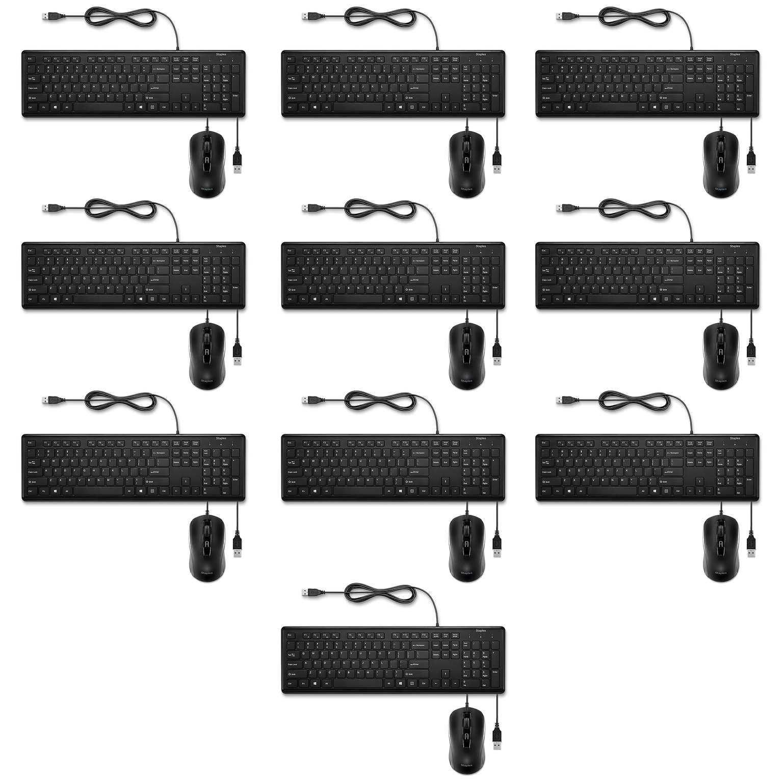 10 Pack- Staples TECH Keyboard and Ambidextrous Optical USB Mouse Combo, Black