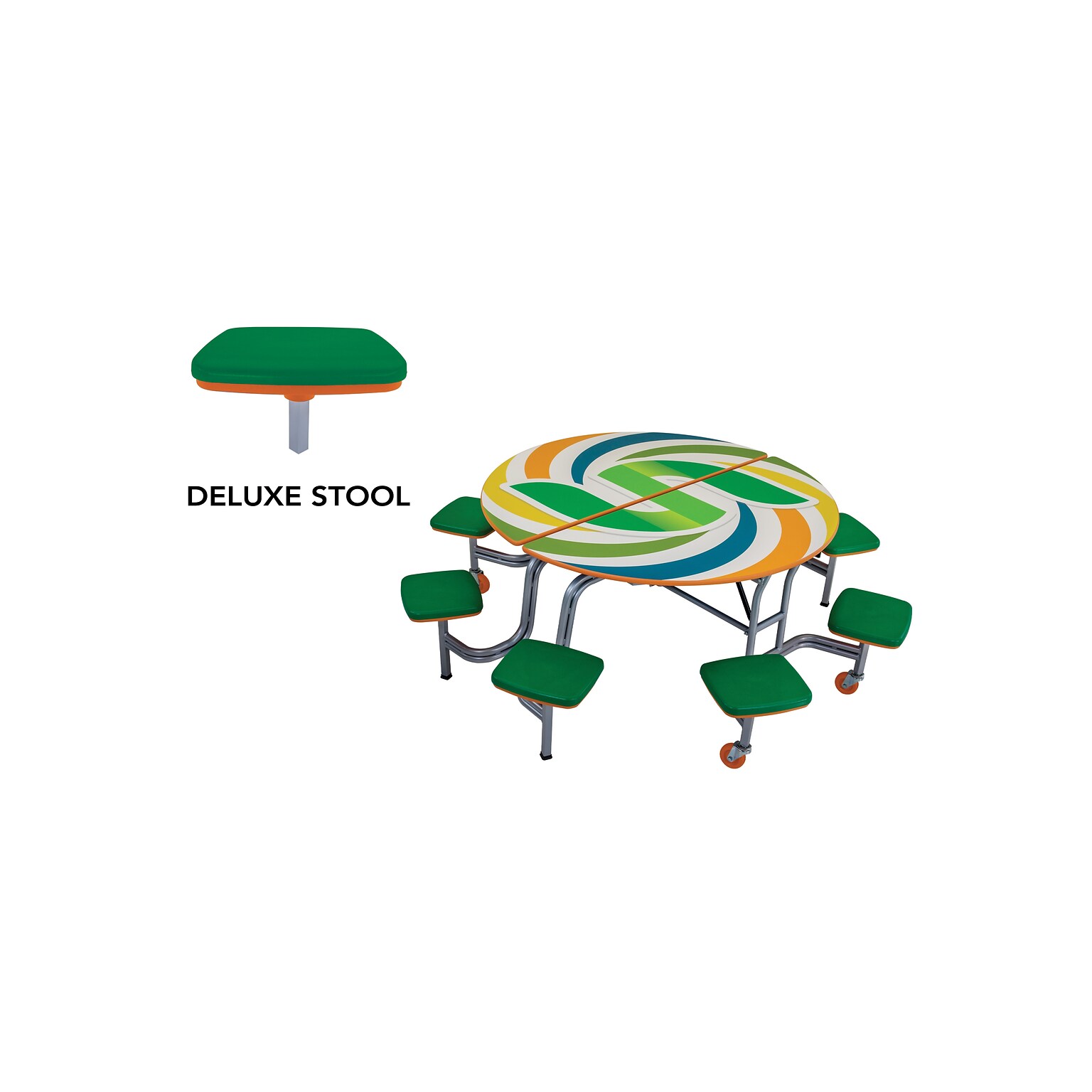 AmTab Round Mobile Cafeteria Table w/ 8 Stools, 60 Diameter, Assorted Colors (MSR608)