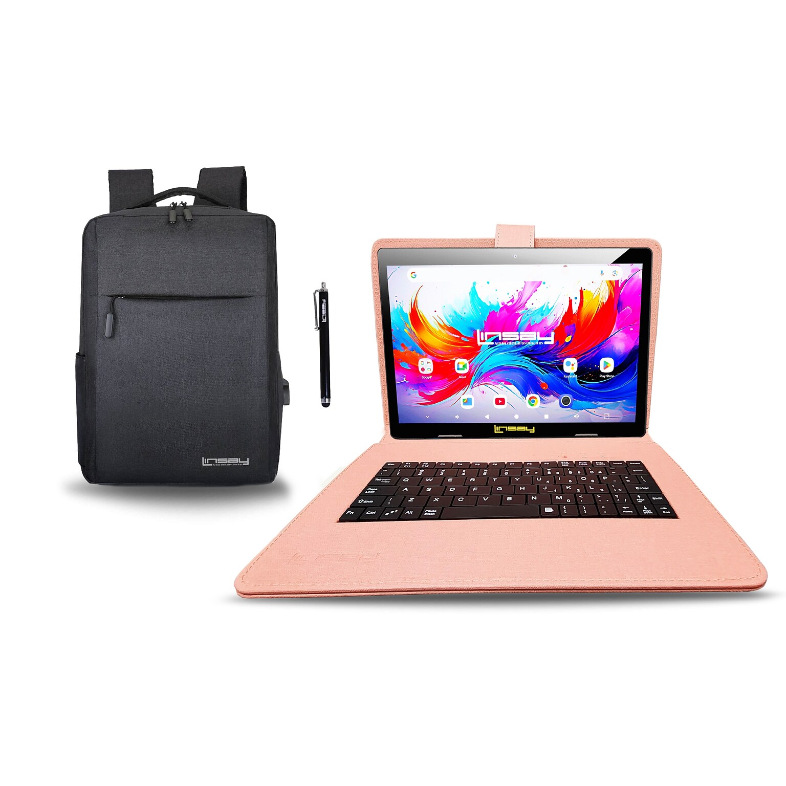 Linsay F10 Series 10.1 Tablet, Wi-Fi, Octa Core, 256GB eMMC, Android 15, with Pink Cloth Keyboard Case, Backpack, & Stylus Pen