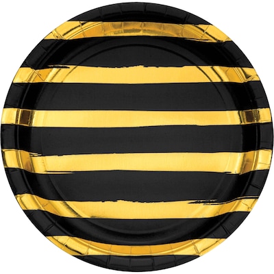 Creative Converting Black and Gold Foil Striped Paper Plates, 96/Pack (329933)