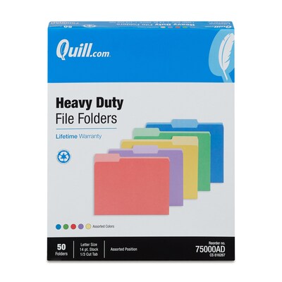 Quill Brand® Heavy-Duty File Folders, Assorted Tabs, 1/3-Cut, Letter Size, Assorted Colors, 50/Box (75000AD)