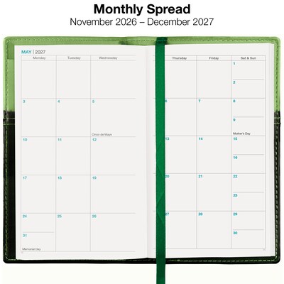2027 Excello Brands 3.5" x 6" Weekly & Monthly Standard Planner, Paperboard Cover, Green/Black (PKT-CY27-GN-PEN)