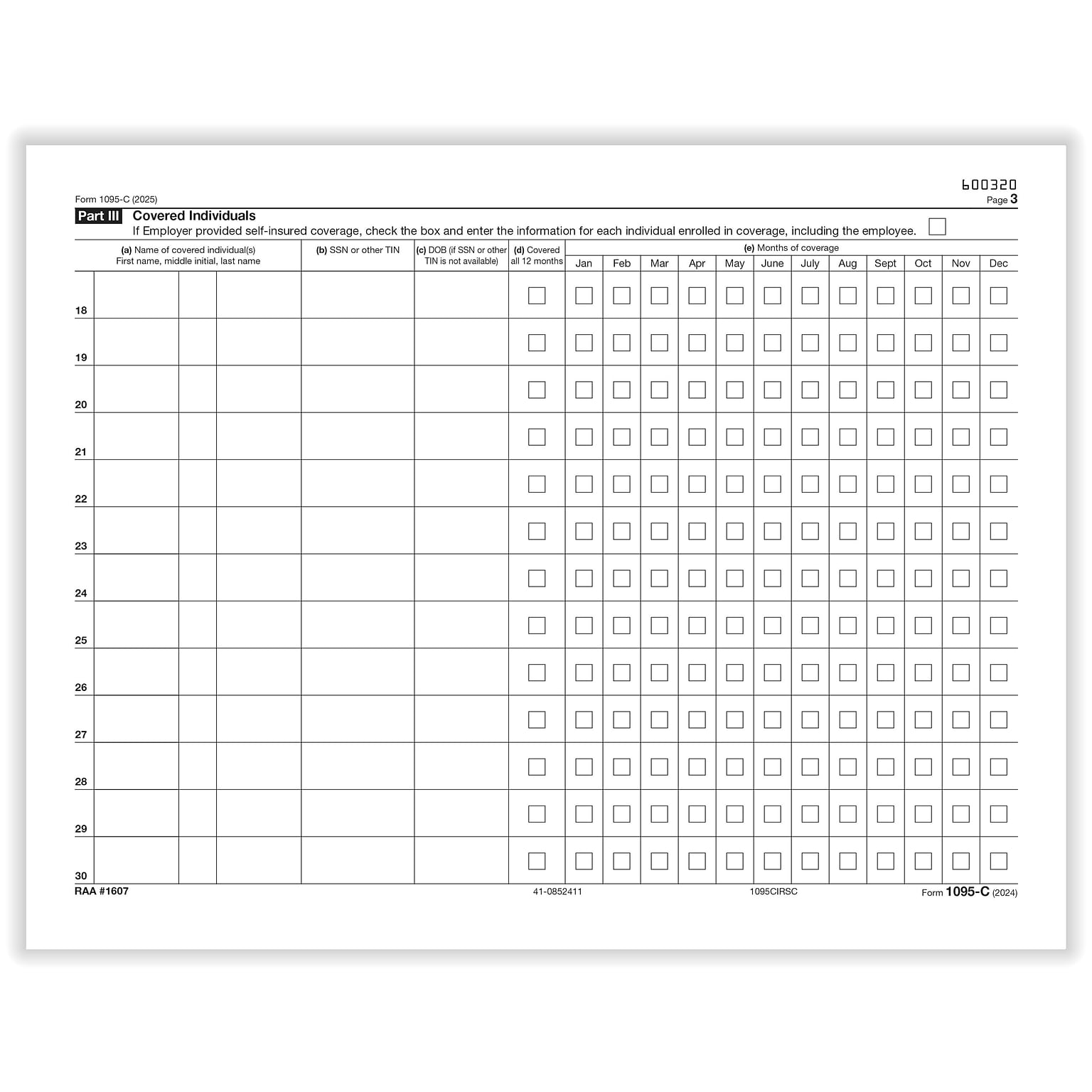 ComplyRight 2025 1095-C Tax Form, 1-Part, White/Black, 25/Pack (1095CIRSC25)
