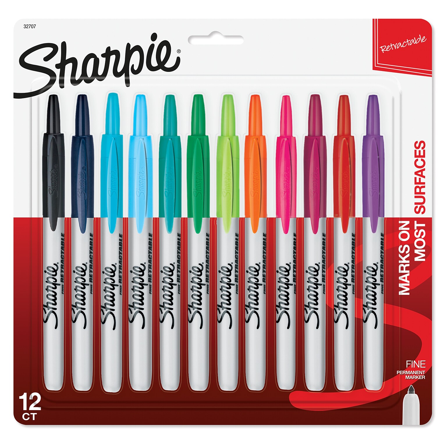 Sharpie Retractable Permanent Markers, Fine Tip, Assorted, 12/Pack (32707)