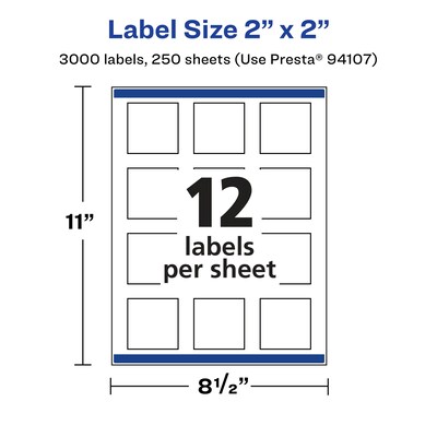 Avery Laser/Inkjet Square Multipurpose Labels, 2" x 2", White, 3000 Labels/Box (94107)