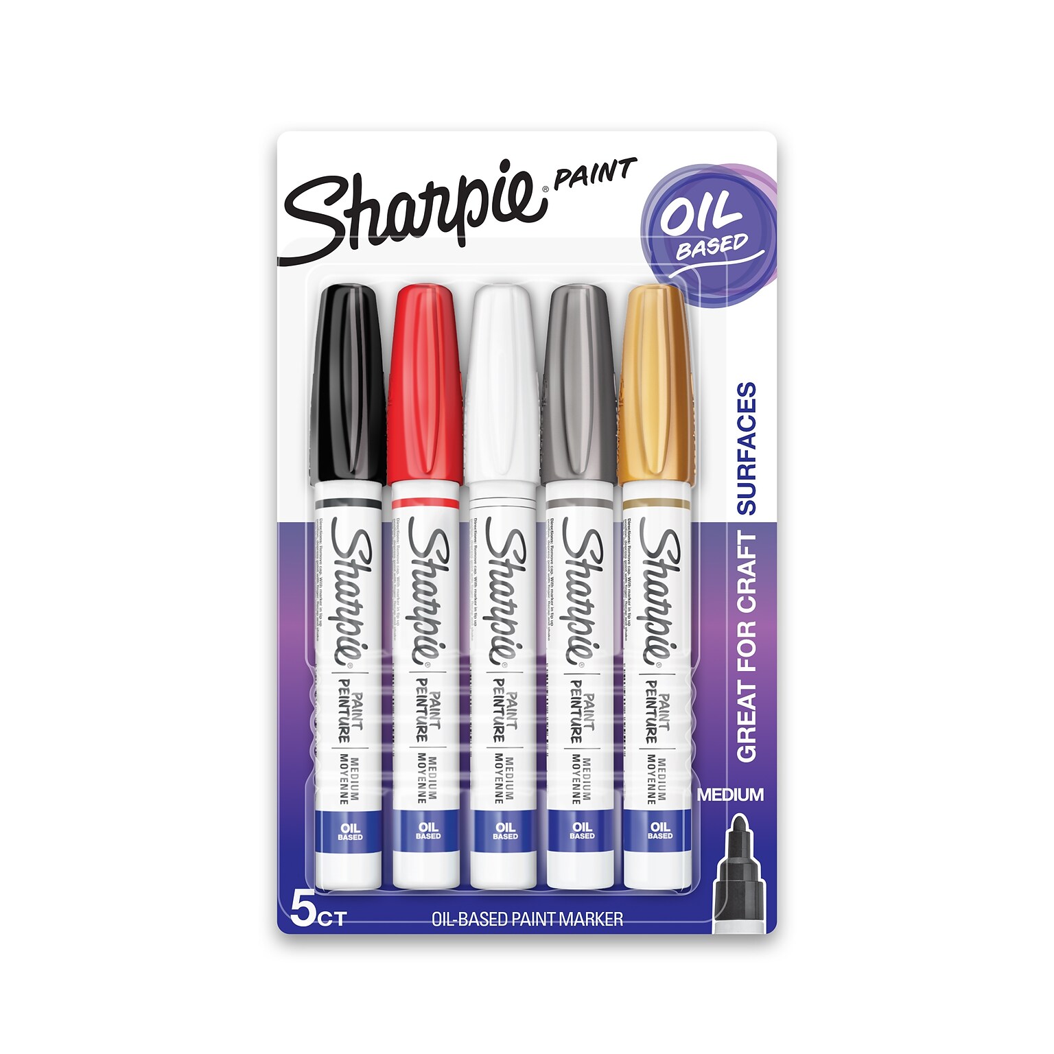 Sharpie Oil-Based Paint Markers, Medium Tip, Assorted, 5/Pack (1770458)