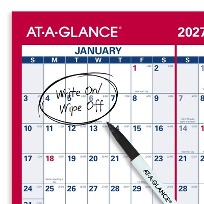 2027 AT-A-GLANCE 36" x 24" Yearly Dry Erase Wall Calendar, Reversible, White/Red (PM26-28-27)