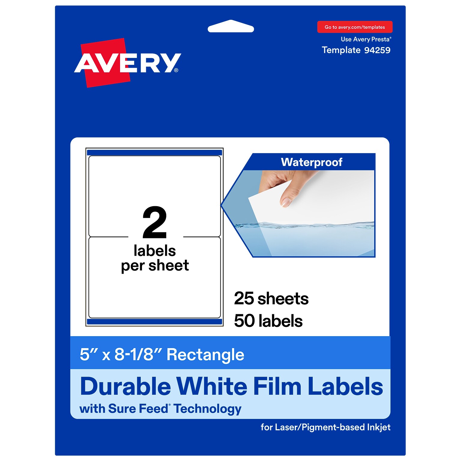Avery Laser/Inkjet Rectangle Waterproof Multipurpose Labels, 8.125 x 5, White, 50/Pack (94259)