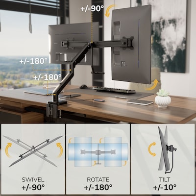 Mount-It! Dual Monitor Gas Spring Desk Mount with Crossbar For Screens Up to 32", Holds 19.8 lbs Per Arm, Black (MI-12002)
