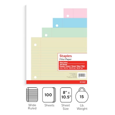 Staples Wide Ruled Filler Paper, 8" x 10.5", Assorted Colors, 100 Sheets/Pack (TR41637)