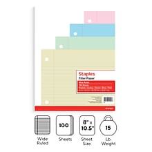 Staples Wide Ruled Filler Paper, 8 x 10.5, Assorted Colors, 100 Sheets/Pack (TR41637)