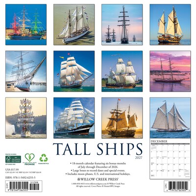 2027 Willow Creek Tall Ships 12 x 12 Monthly Wall Calendar, Assorted Colors (62555)