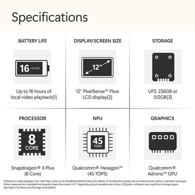 Microsoft Surface Pro 12, Copilot+ PC, Snapdragon X Plus, 16GB RAM, 256GB UFS, 16 Hour Battery, Windows 11 Home, Platinum