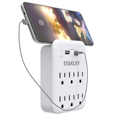 STANLEY SurgePro 1200 6-Outlet Extreme Surge Protector Wall Tap with Phone Shelf & 2-USB Ports, 1200