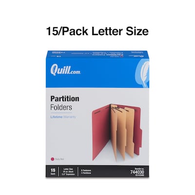 Quill Brand® 2/5-Cut Tab Pressboard Classification File Folders, 3-Partitions, 8-Fasteners, Letter, Red, 15/Box (744030)
