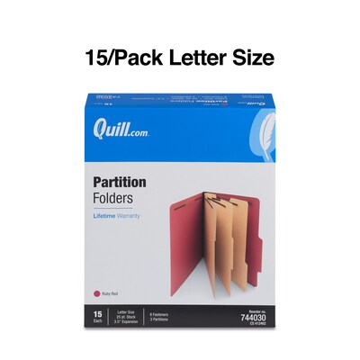 Quill Brand® 2/5-Cut Tab Pressboard Classification File Folders, 3-Partitions, 8-Fasteners, Letter, Red, 15/Box (744030)