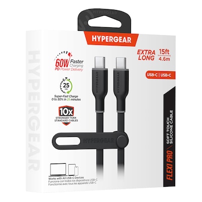 HyperGear Flexi Pro USB-C to USB-C Soft-Touch Silicone Fast Charge and Sync Cable, 15 ft., Black (16053)