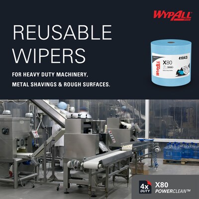 WypAll PowerClean X80 Fabric Cleaning Wipers, 13.4" x 12.5", Blue, 475 Sheets/Roll (41043)