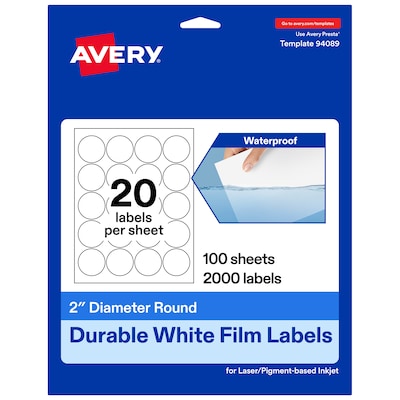 Avery Round Laser/Inkjet Multipurpose Labels, 2 Round, White, 20 Labels/Sheet, 100 Sheets/Pack (19479311258)