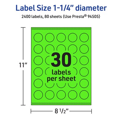 Avery Laser/Inkjet Multipurpose Circle Labels, 1.25" Dia., Neon Green, 2400/Box (94505)