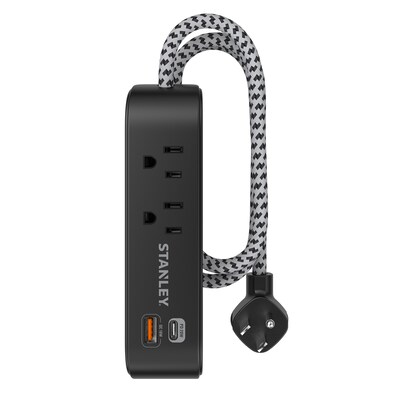 STANLEY SurgeMax 2-Outlet Surge Protector Power Strip with 2-USB Ports & Braided Fabric Cord, 6-ft., 300 Joules, Black (33255)