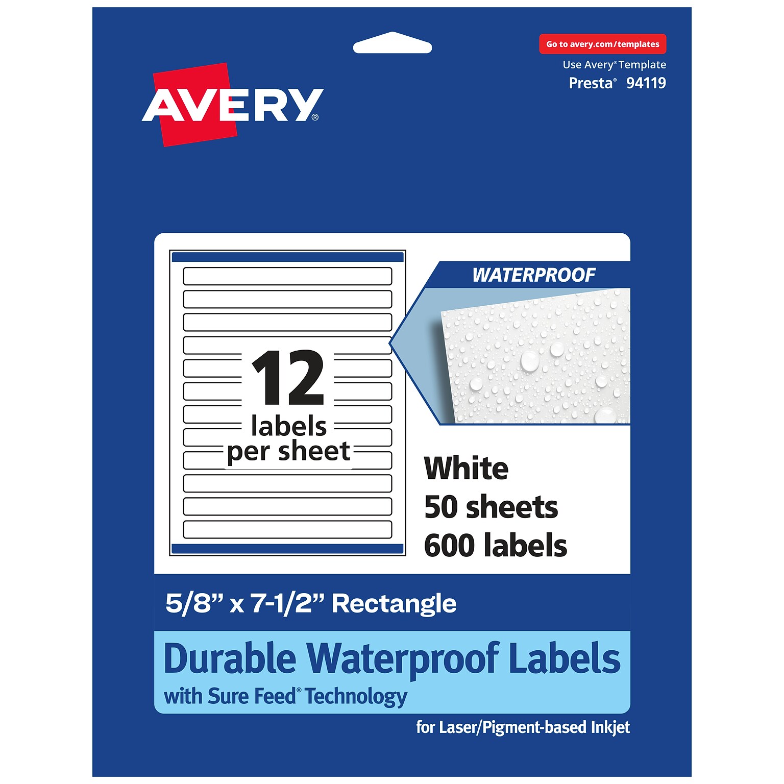 Avery Laser/Inkjet Rectangle Waterproof Multipurpose Labels, 7.5  x 0.625, White, 600/Box (94119)