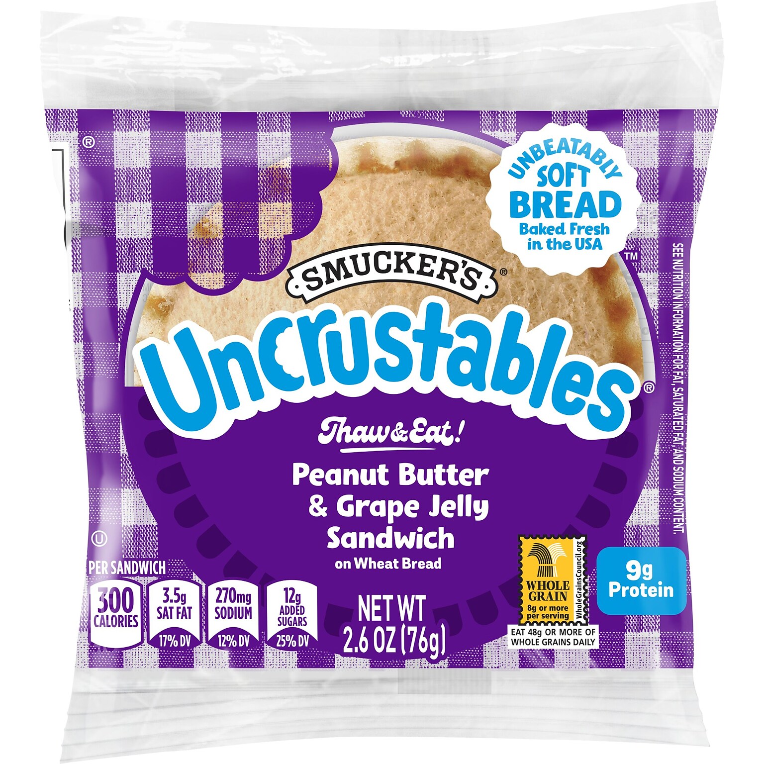 Smuckers Uncrustables Wheat Peanut Butter & Grape Jelly Sandwich, 2.6 oz., 48/Count (220-02219)