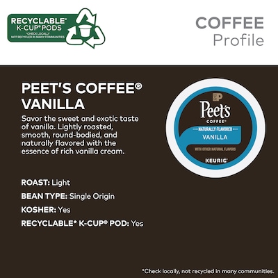 Peet's Coffee Vanilla Coffee, Keurig K-Cup Pod, Light Roast, 22/Box (5000376697)