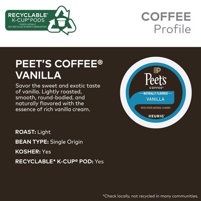 Peet's Coffee Vanilla Coffee, Keurig K-Cup Pod, Light Roast, 22/Box (5000376697)