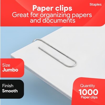 Staples Smooth Paper Clips, Jumbo, Silver, 100/Box, 10 Boxes/Pack (A7026605/72578)