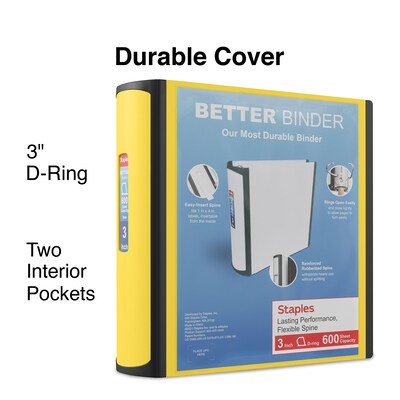 Staples® Better 3 3 Ring View Binder with D-Rings, Yellow (20245)