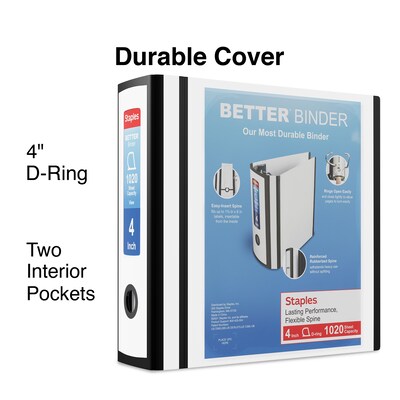 Staples® Better 4" 3 Ring View Binder with D-Rings, White (27923)