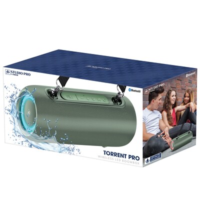 STUDIO PRO by FISHER Torrent Pro Wireless Bluetooth FM Radio LED Boom Box & Speakerphone, Water Resi