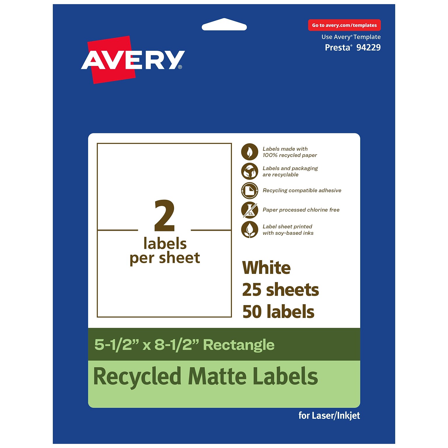 Avery EcoFriendly Laser/Inkjet Rectangle Multipurpose Labels, 5-1/2 x 8-1/2, White, 50/Pack (94229)