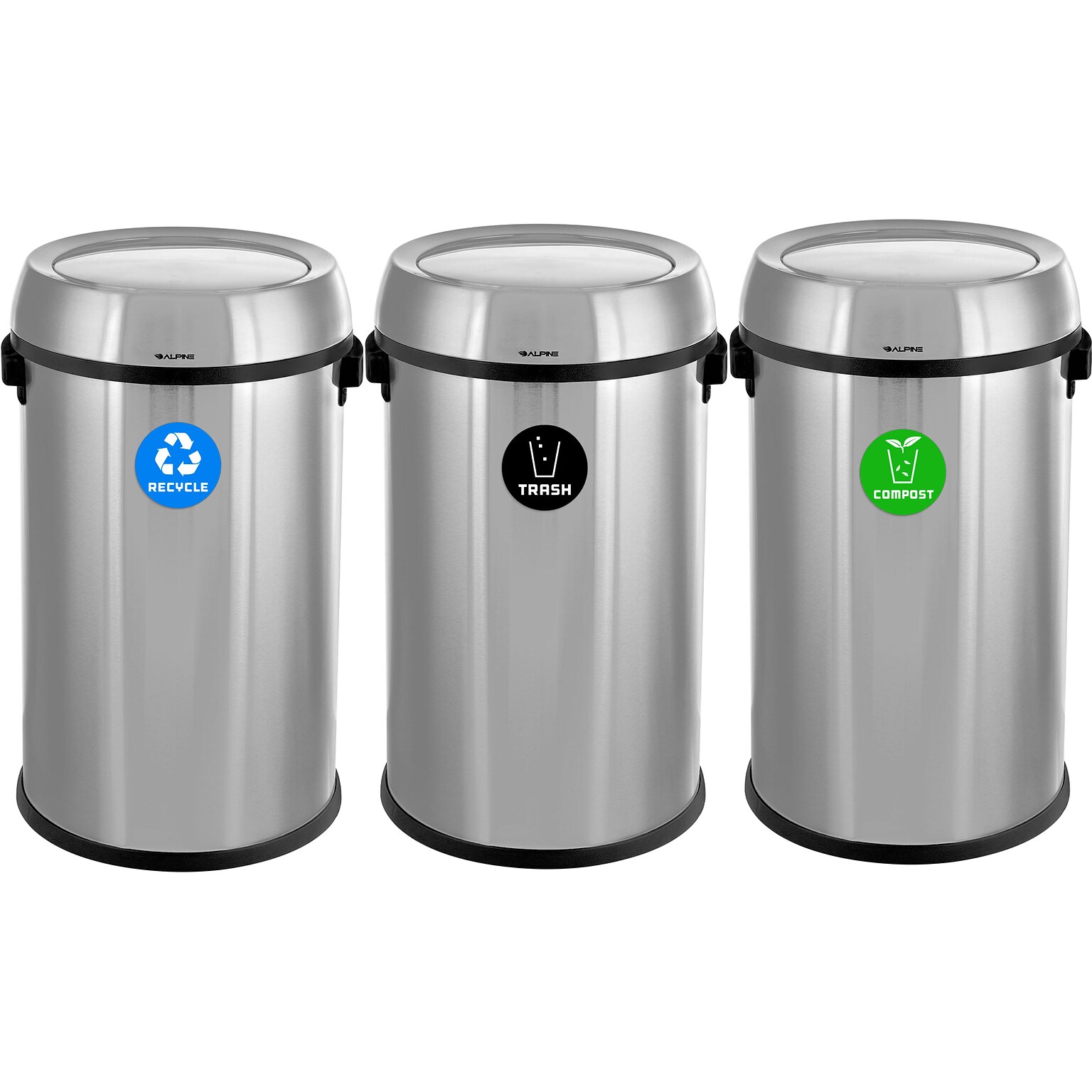 Alpine Industries Three-Stream Trash/Compost/Recycling Station, 51-Gallon, Stainless Steel (ALP470-65L-1-R-T-CO)