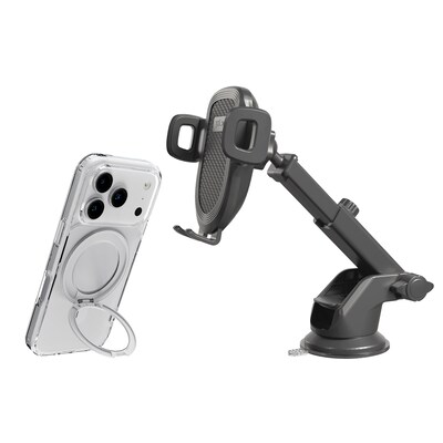TUFF8 Glide360 MagSafe Phone Case for iPhone 18 Pro with XYST Extendable Dash Mount, Clear/Black (KITLIBBWR18PR01)