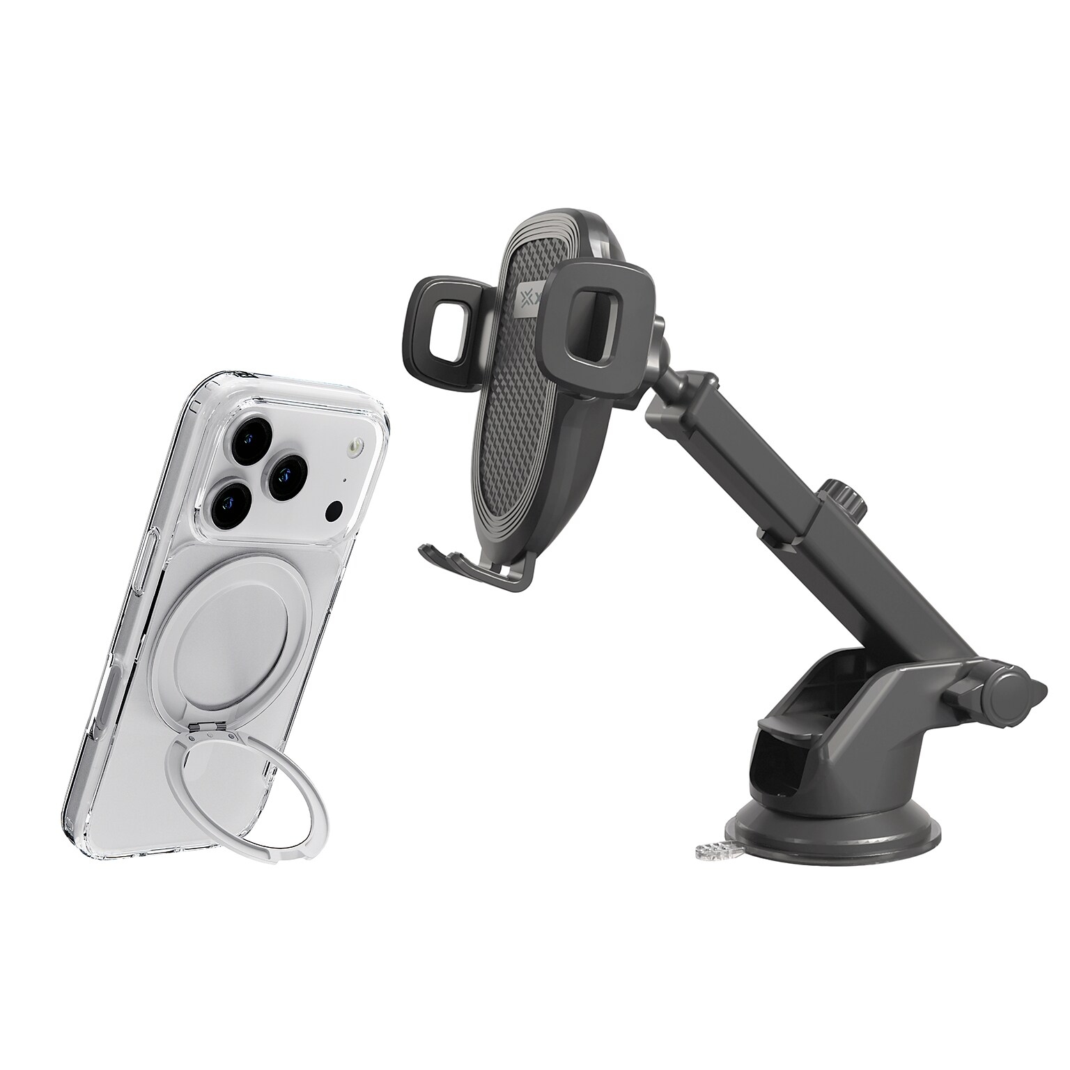 TUFF8 Glide360 MagSafe Phone Case for iPhone 18 Pro with XYST Extendable Dash Mount, Clear/Black (KITLIBBWR18PR01)