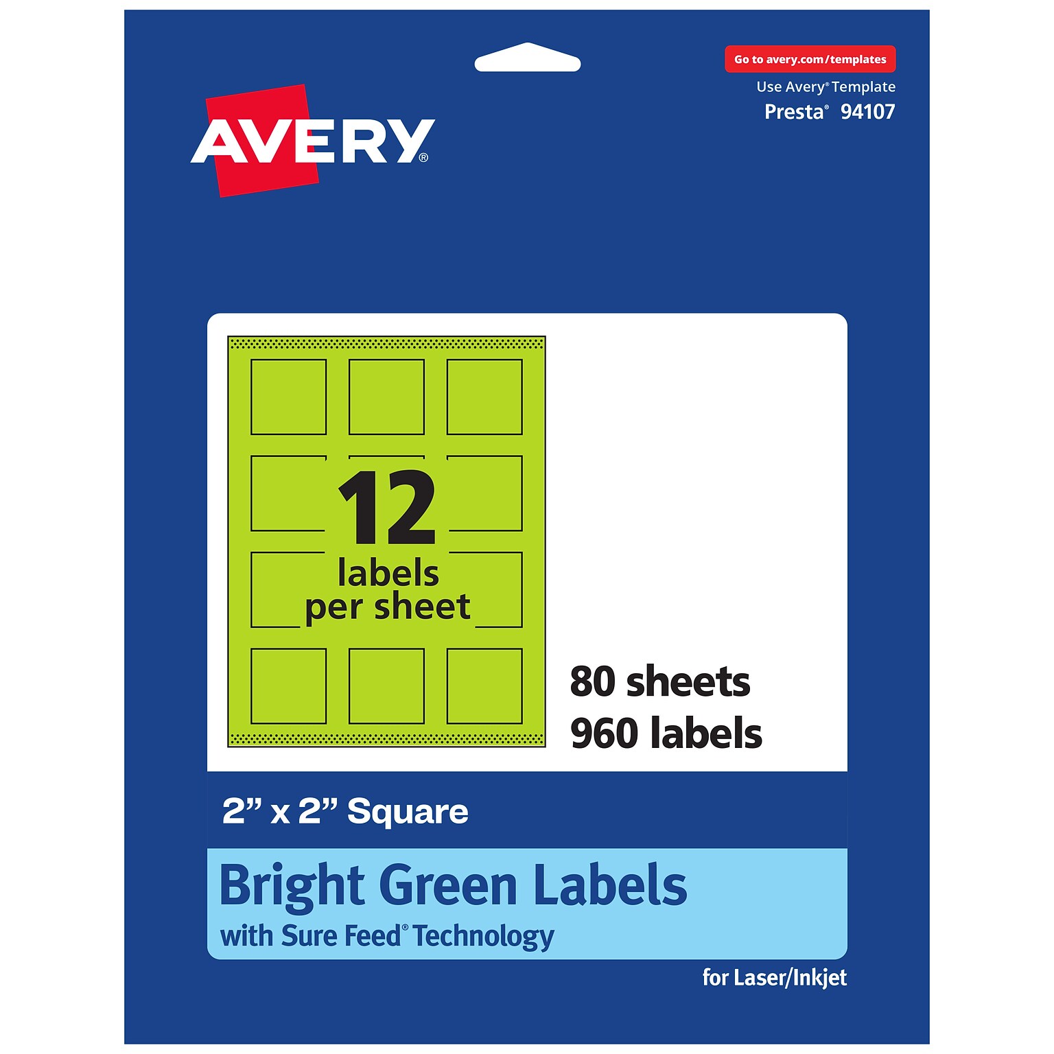 Avery Laser/Inkjet Multipurpose Square Labels, 2 x 2, Bright Green, 960/Box (94107)