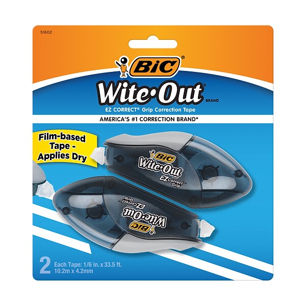 BIC WiteOut EZ Grip Correction Tape, White, 2/Pack (WOECGP21)