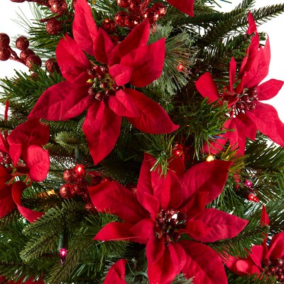 3' Feel RealÂ® Colonial Pencil Slim Hinged Tree with Red Poinsettias, Red Berries & 50 Multi Lights