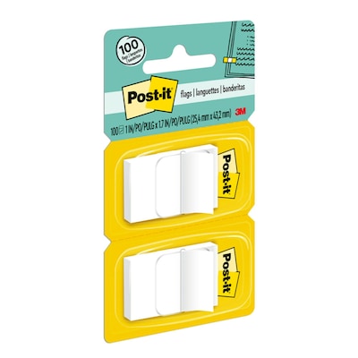 Post-it® Flags, 1" Wide, White, 2 Pads of 50, 100 Flags/Pack (680-WE2)