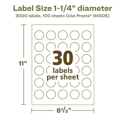 Avery EcoFriendly Laser/Inkjet Circle Multipurpose Labels, 1-1/4" Dia., White, 3000/Box (94505)