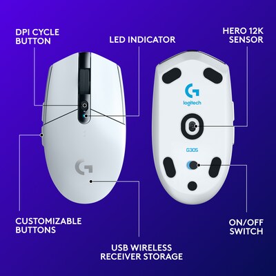 Logitech G305 Lightspeed Wireless Optical Gaming Mouse, White (910-005289)