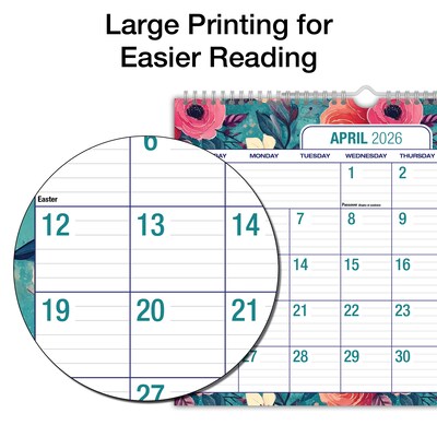 2026-2027 Excello Brands 12" x 15" Academic Monthly Wall Calendar, Teal Floral (NAY27-1512WC-17)