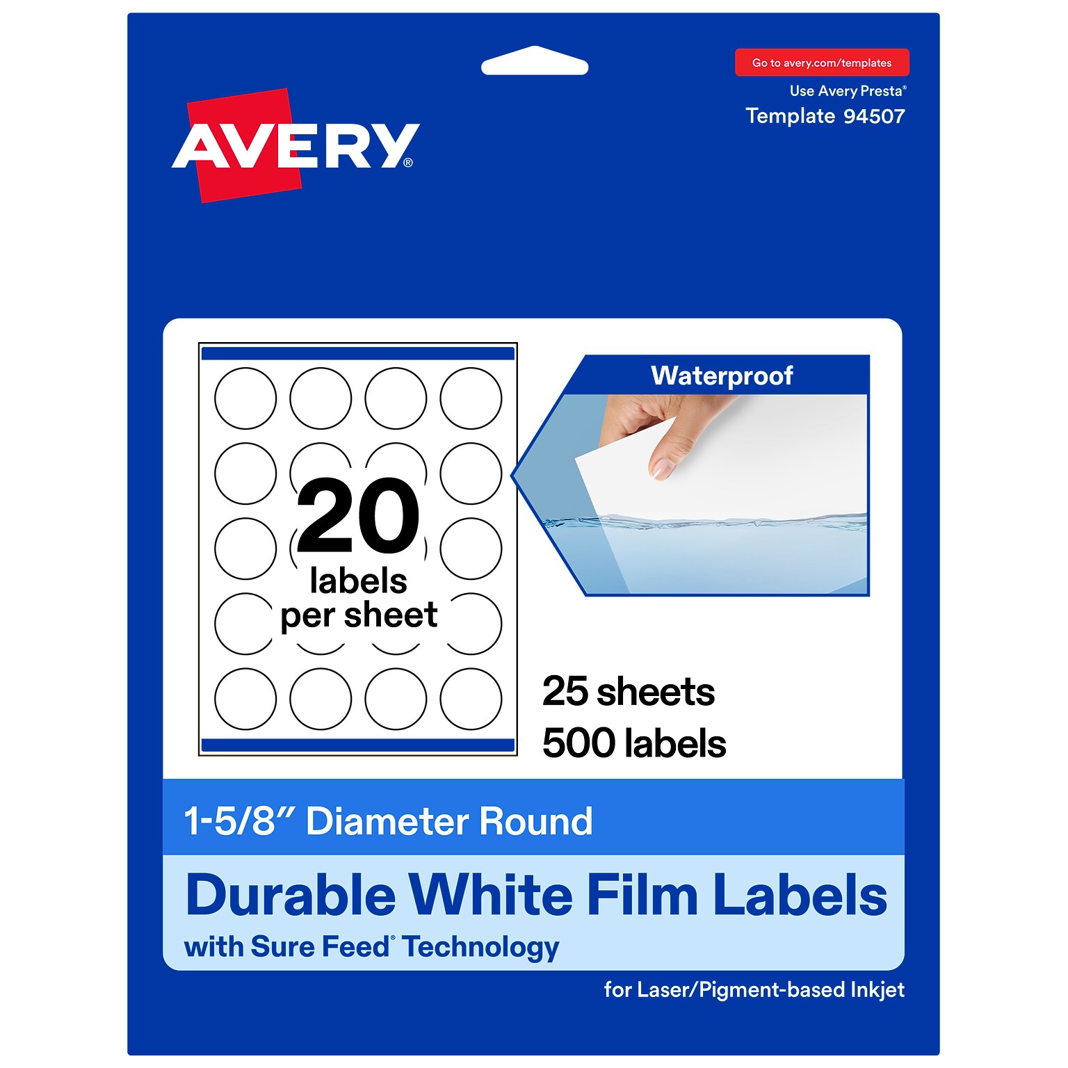 Avery Laser/Inkjet Circle  Waterproof Multipurpose Labels, 1.625  Dia, White, 500/Pack (94507)