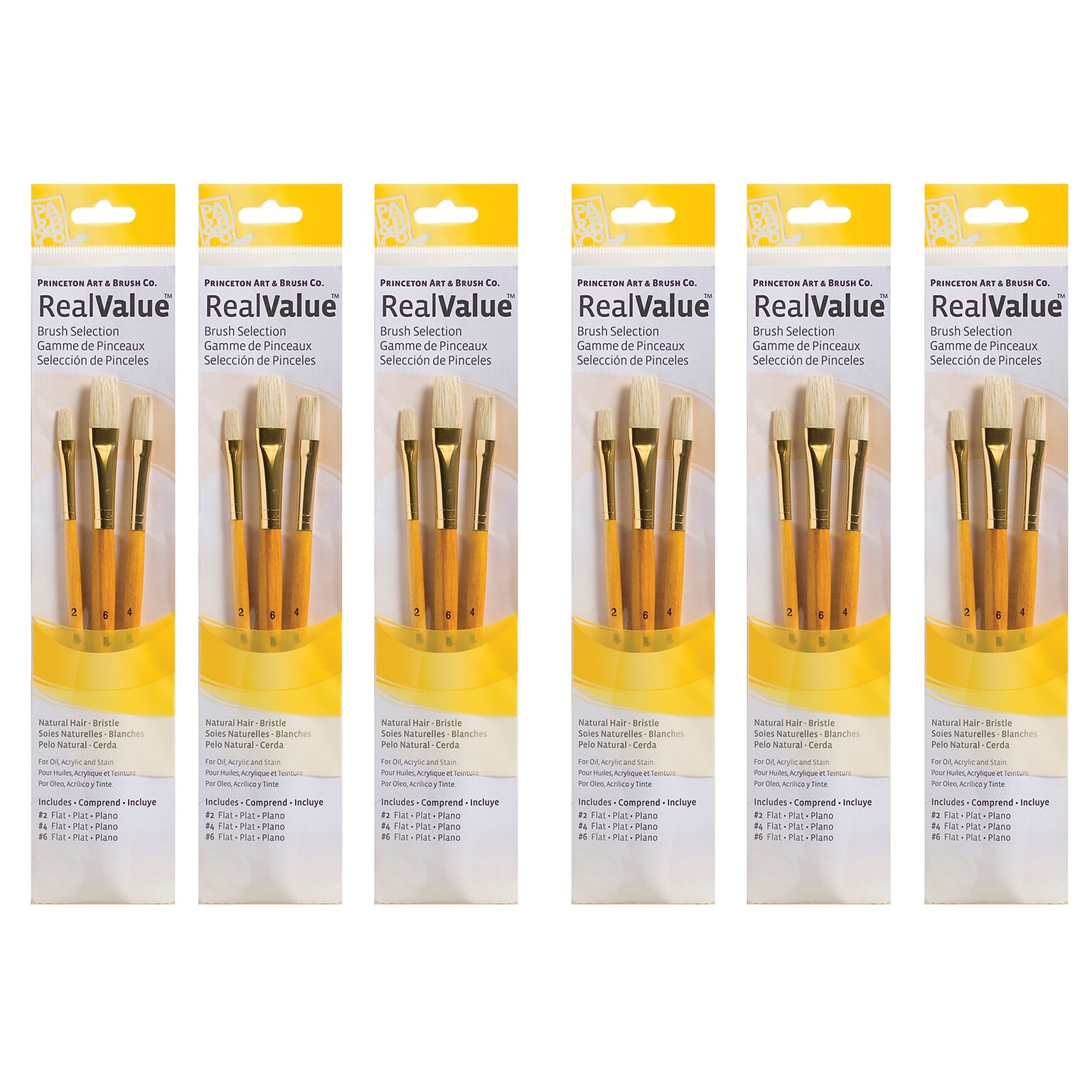 Princeton RealValue Mixed Media Natural Variety Brush Set, Yellow, 3/Set, 6 Sets/Bundle (PBXPR9104-6)
