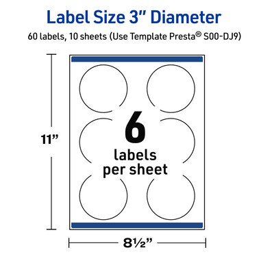 Avery Laser/Inkjet Circle Multipurpose Labels, 3" Dia., White, 60/Pack (S00-DJ9)