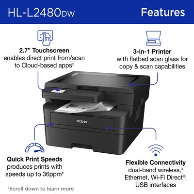 Brother RHL-L2480DW Refurbished Wireless, Black & White, All-In-One Laser Printer, Refresh Subscription Ready