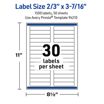 Avery Rectangle Laser Multipurpose Labels, 2/3" x 3-7/16", White, 1500/Box (19479399222)